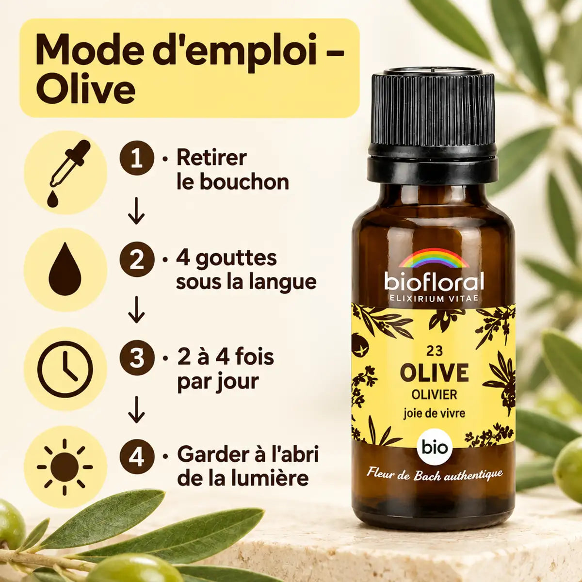 Flacon de Fleur de Bach Olive Bio en granules Biofloral avec mode d'emploi : 4 gouttes sous la langue, 2 à 4 fois par jour