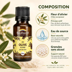 Flacon Fleur de Bach Olive Biofloral en granules bio à côté d'une infographie sur sa composition : fleur d'olivier, eau de source