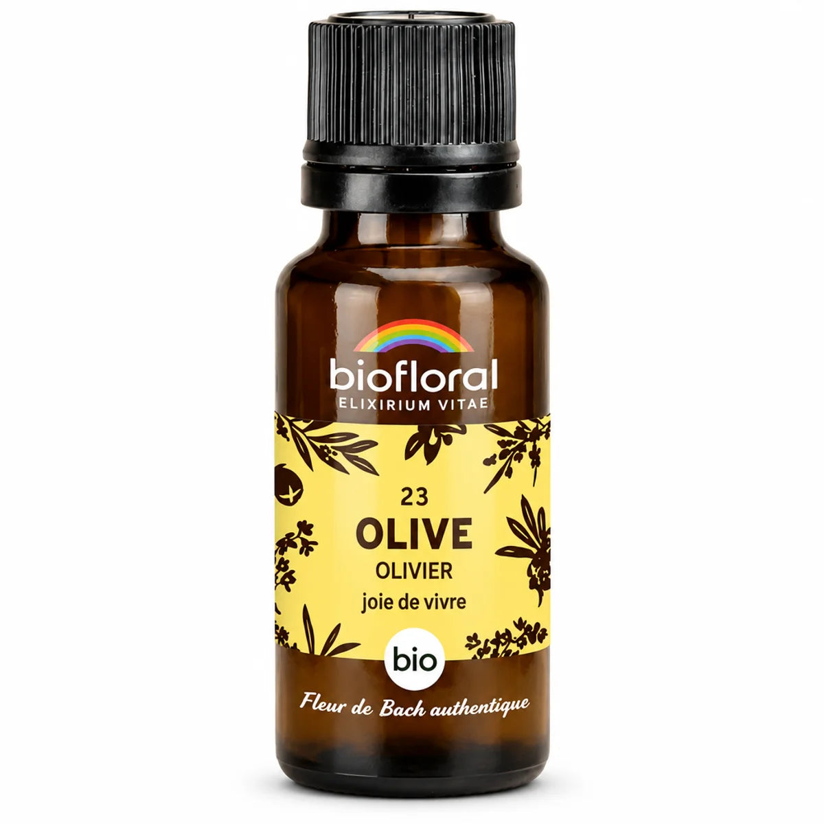 Flacon en verre ambré de Fleur de Bach Olive (Olivier) Bio Biofloral, en granules 19,5 g, sur fond blanc