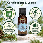 Fleur de Bach Pin Sylvestre Bio en granules Biofloral, flacon en verre ambré avec badges certifiés bio et sans alcool