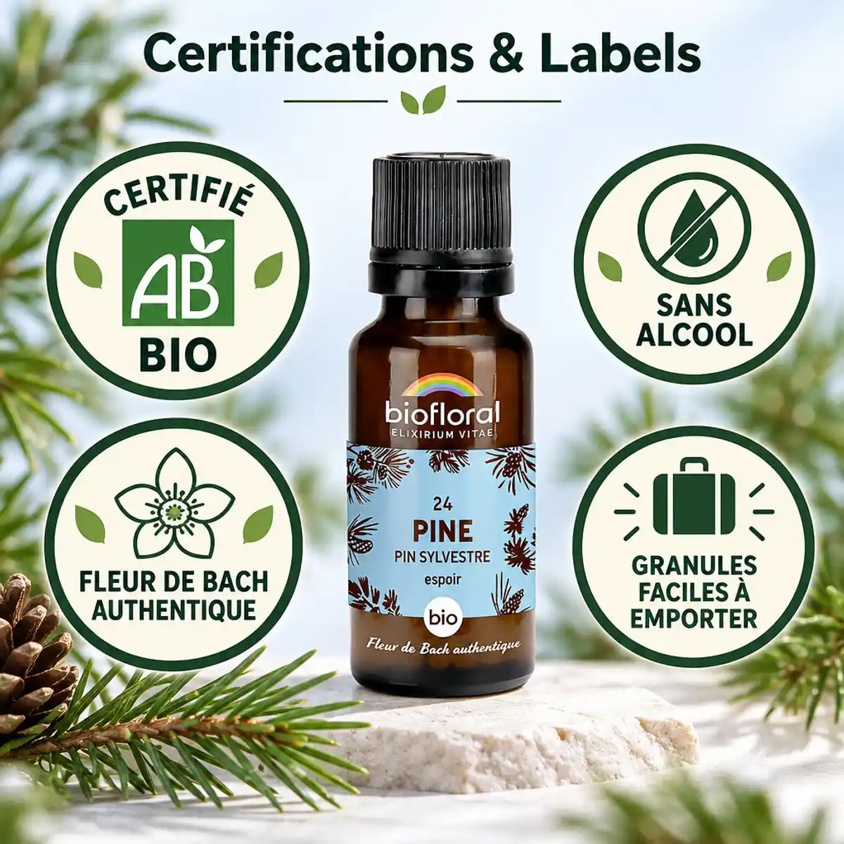 Fleur de Bach Pin Sylvestre Bio en granules Biofloral, flacon en verre ambré avec badges certifiés bio et sans alcool