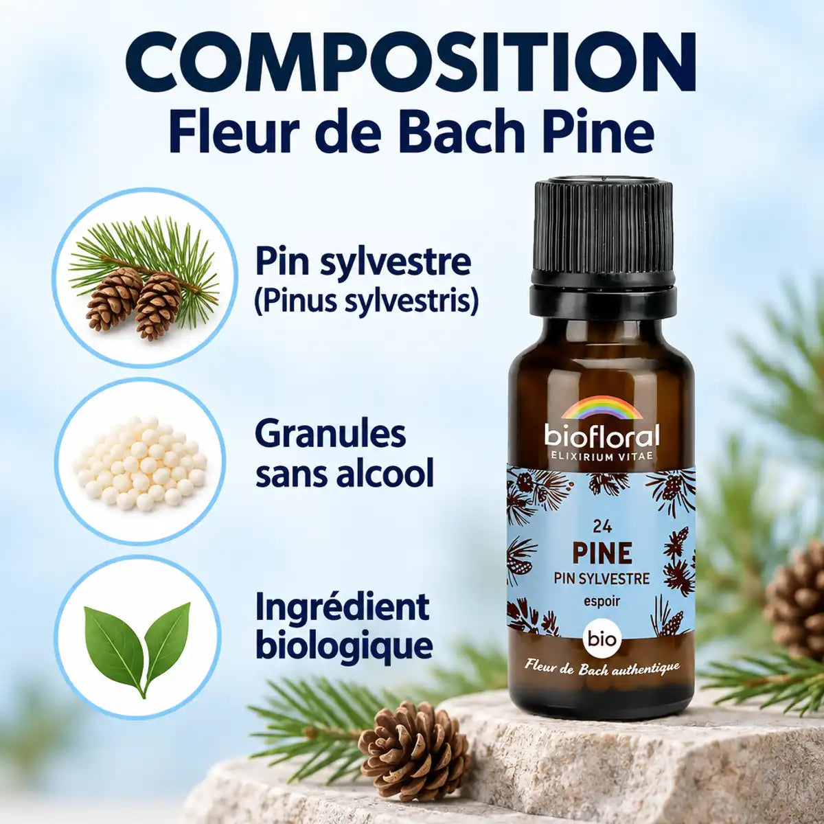 Flacon Fleur de Bach Pin Sylvestre Bio Biofloral avec composition : granules, pin sylvestre et ingrédient biologique