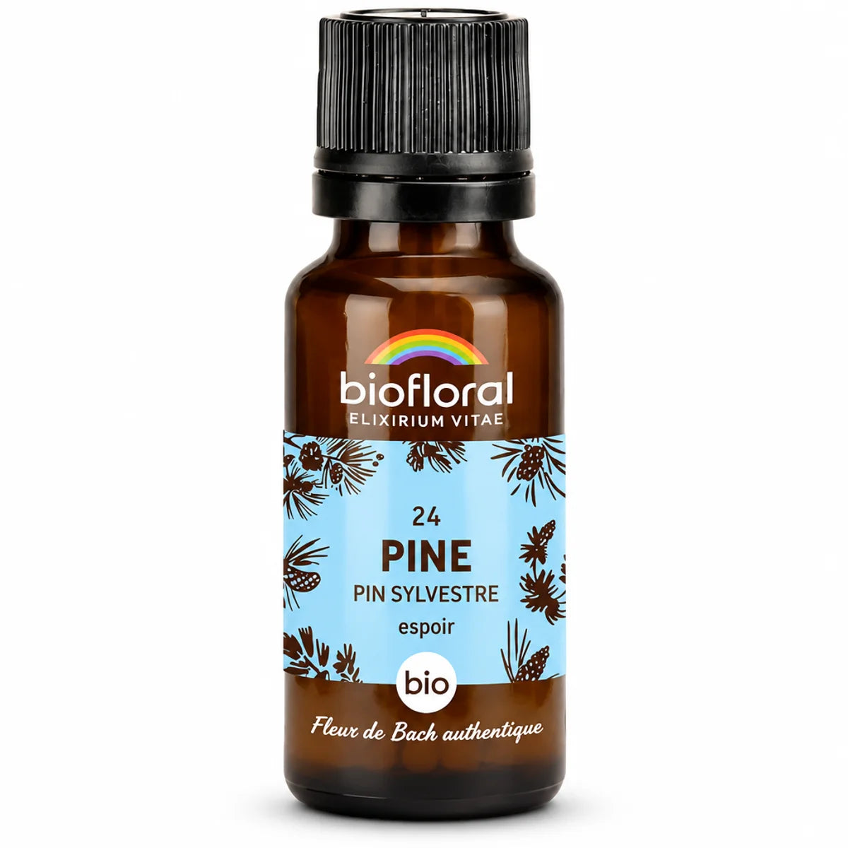Flacon en verre ambré de Fleur de Bach Pin Sylvestre Bio Biofloral sur fond blanc, étiquette bleue
