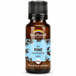 Flacon en verre ambré de Fleur de Bach Pin Sylvestre Bio Biofloral sur fond blanc, étiquette bleue