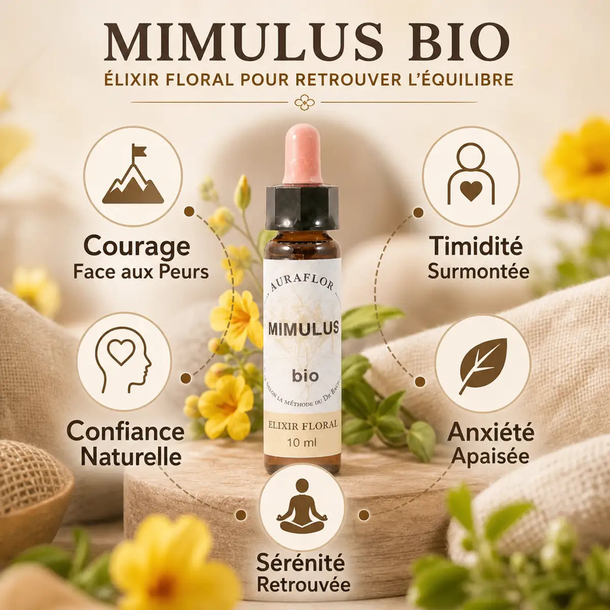 Fleurs de Bach Mimule bio : flacon compte-gouttes avec bénéfices contre les peurs et l'anxiété