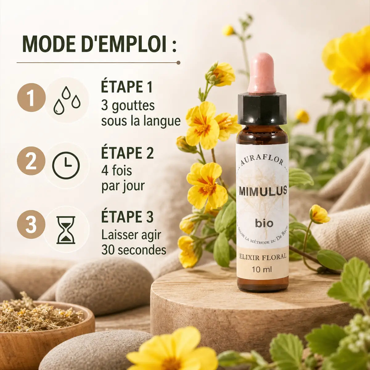 Fleurs de Bach Bio Mimule compte-gouttes 10ml avec guide d'utilisation et fleurs jaunes