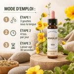 Fleurs de Bach Bio Mimule compte-gouttes 10ml avec guide d'utilisation et fleurs jaunes