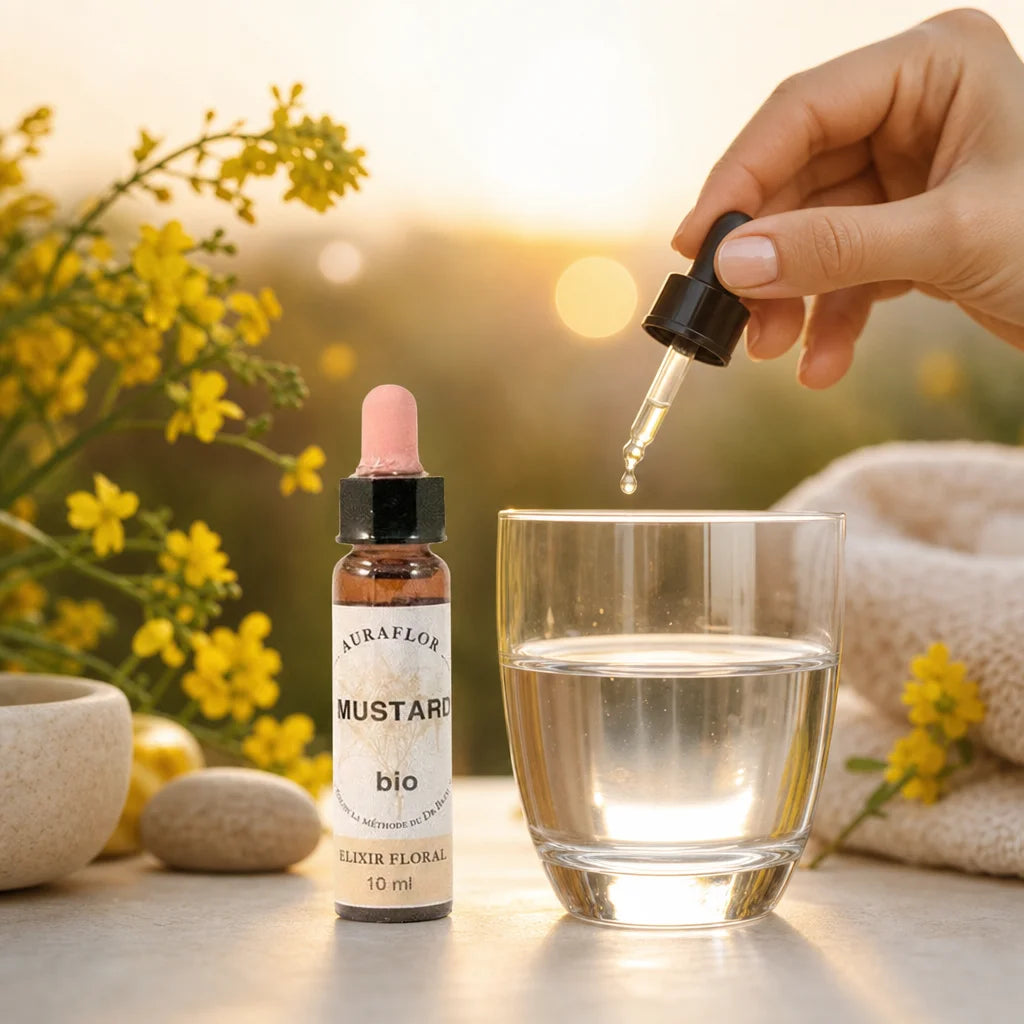Fleurs de Bach Bio Moutarde en compte-gouttes avec verre d'eau et fleurs jaunes au coucher du soleil