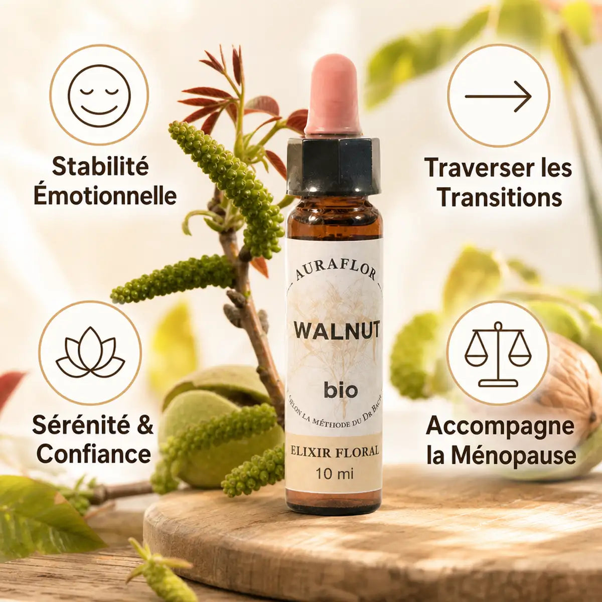 Fleurs de Bach Bio Noyer compte-goutte benefits stabilité émotionnelle transitions