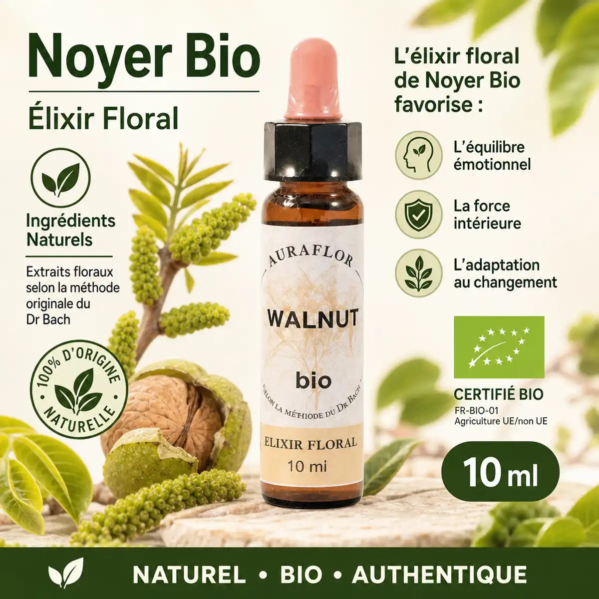 Fleurs de Bach Bio Noyer élixir floral en compte-gouttes, bouteille verre brun certifiée bio