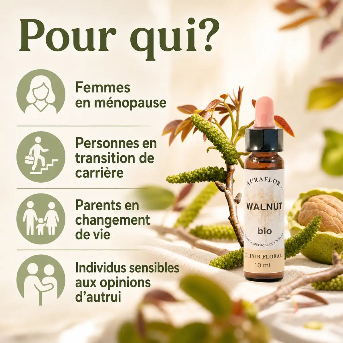 Fleurs de Bach Bio Noyer en compte-gouttes avec branches, pour femmes en ménopause et transitions de vie