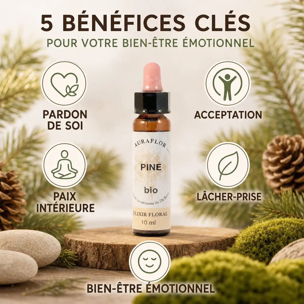 Fleur de Bach Pin Sylvestre bio en compte-gouttes avec bénéfices bien-être émotionnel et acceptation