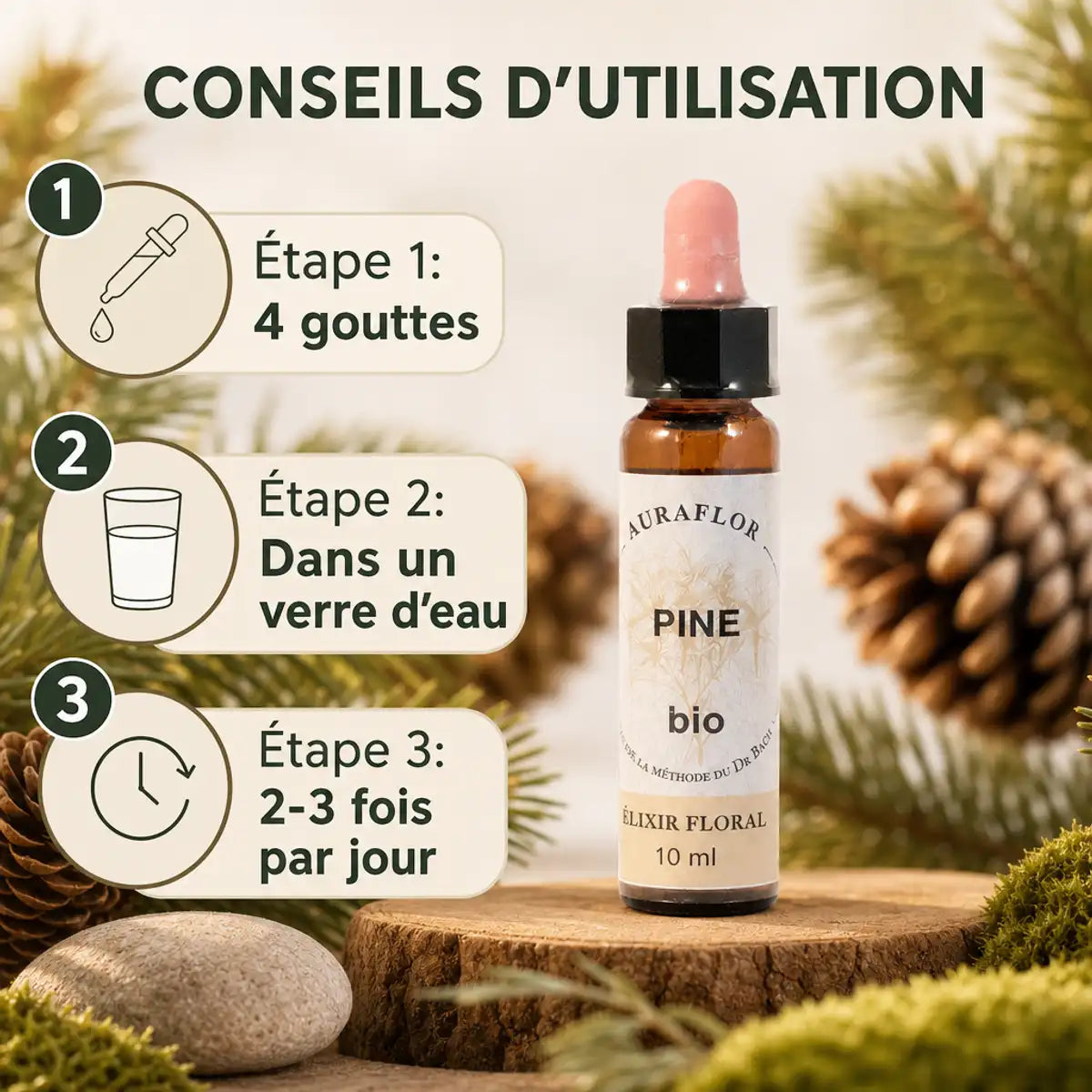 Fleurs de Bach Pin Sylvestre bio en compte-gouttes avec guide posologie sur branches de pin naturelles