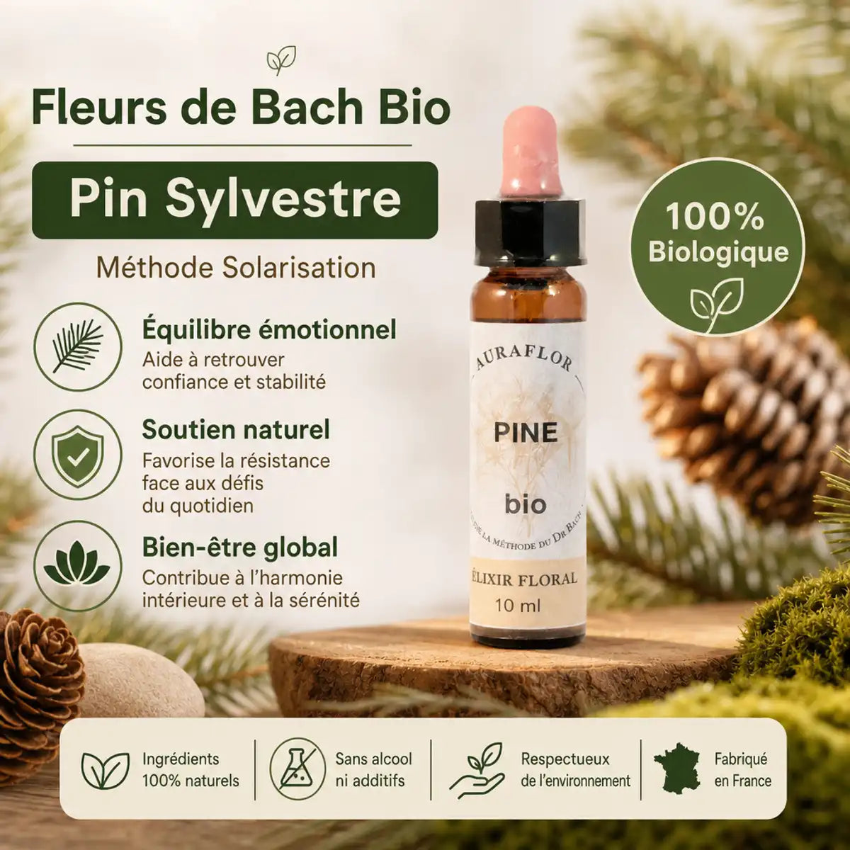 Fleurs de Bach Bio Pin Sylvestre en compte-gouttes - Bouteille Auraflor 10ml