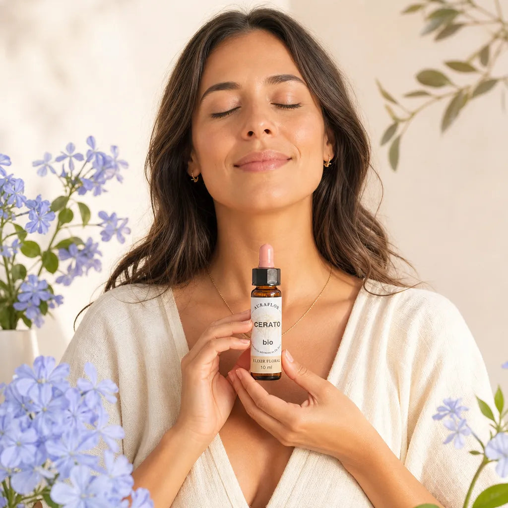 Fleur de Bach Plumbago bio en compte-gouttes, femme tenant la bouteille près du cœur dans un cadre de bien-être