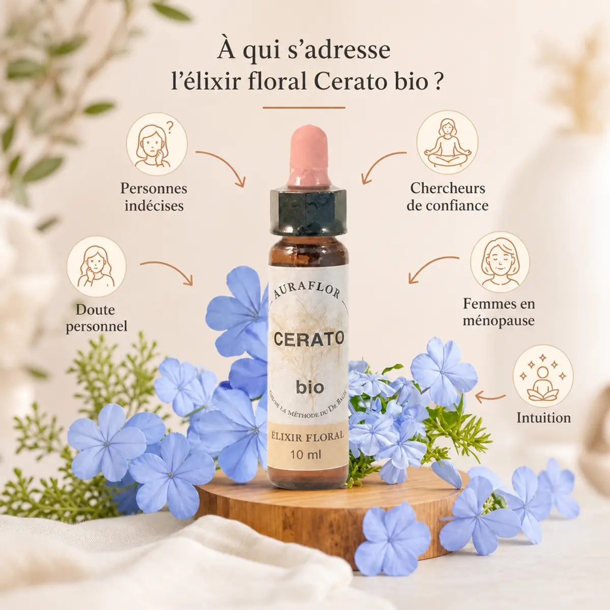 Fleurs de Bach Bio Plumbago en compte-gouttes avec infographie cibles indécision et confiance