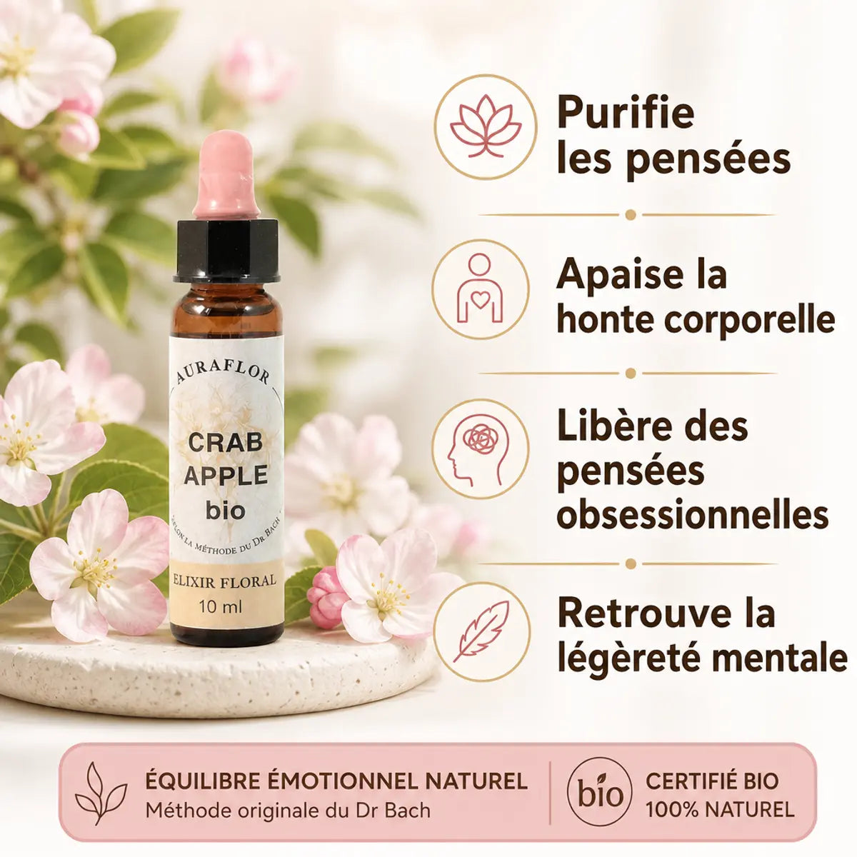Fleurs de Bach Bio Pommier Sauvage en compte-gouttes avec fleurs roses et bénéfices wellness