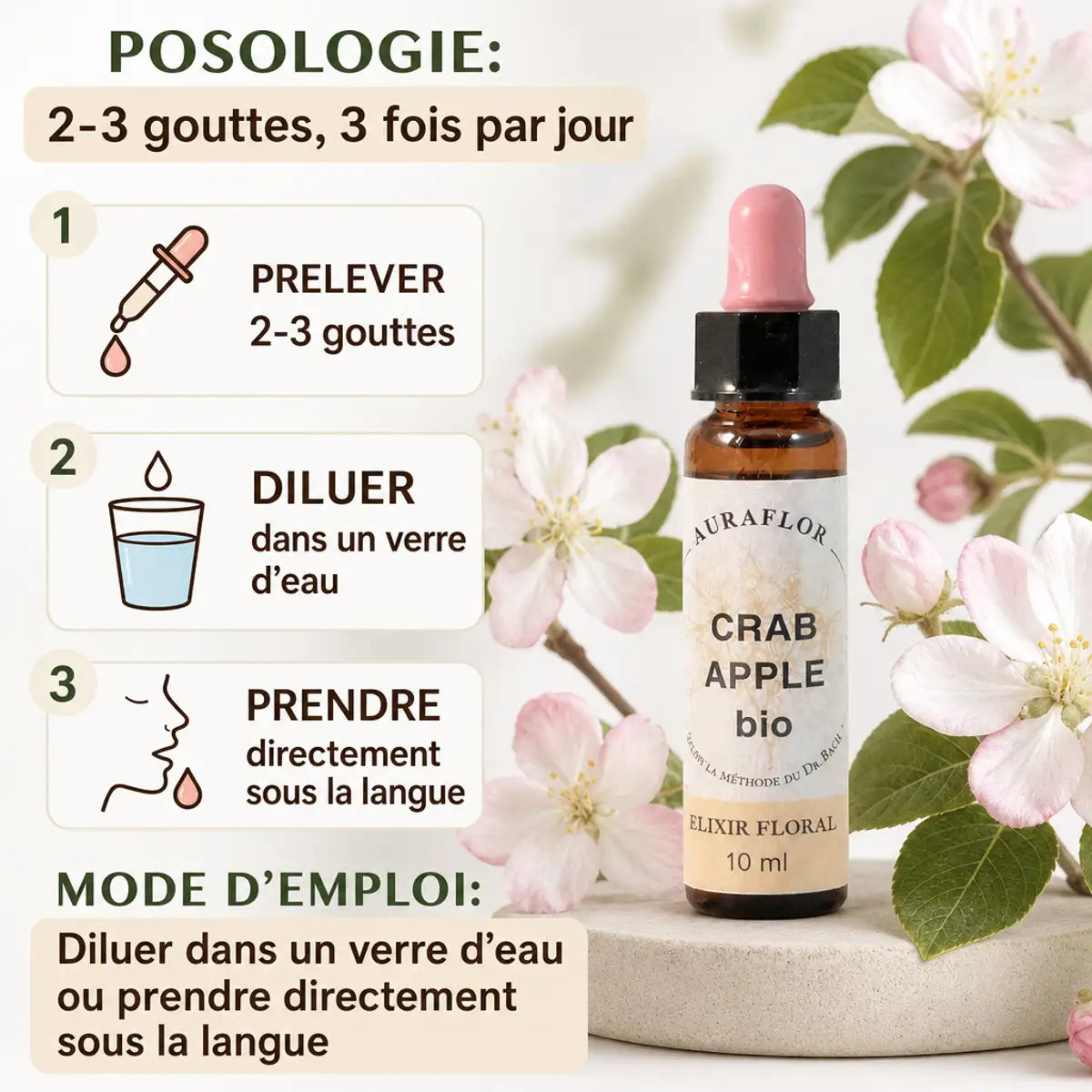 Fleurs de Bach Bio Pommier Sauvage compte-gouttes avec posologie et mode d'emploi illustrés