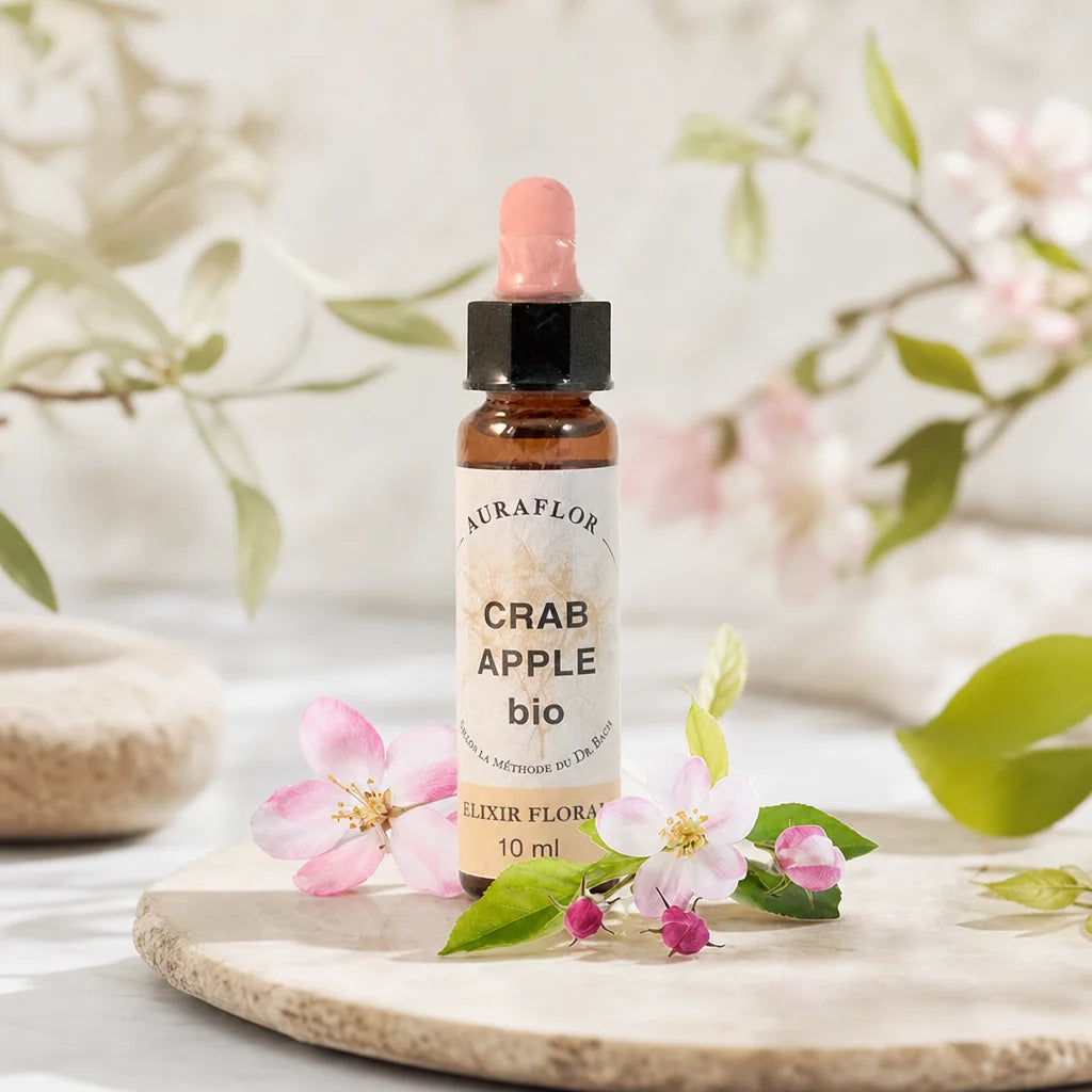Fleur de Bach Bio Pommier Sauvage en flacon compte-gouttes 10ml avec fleurs roses