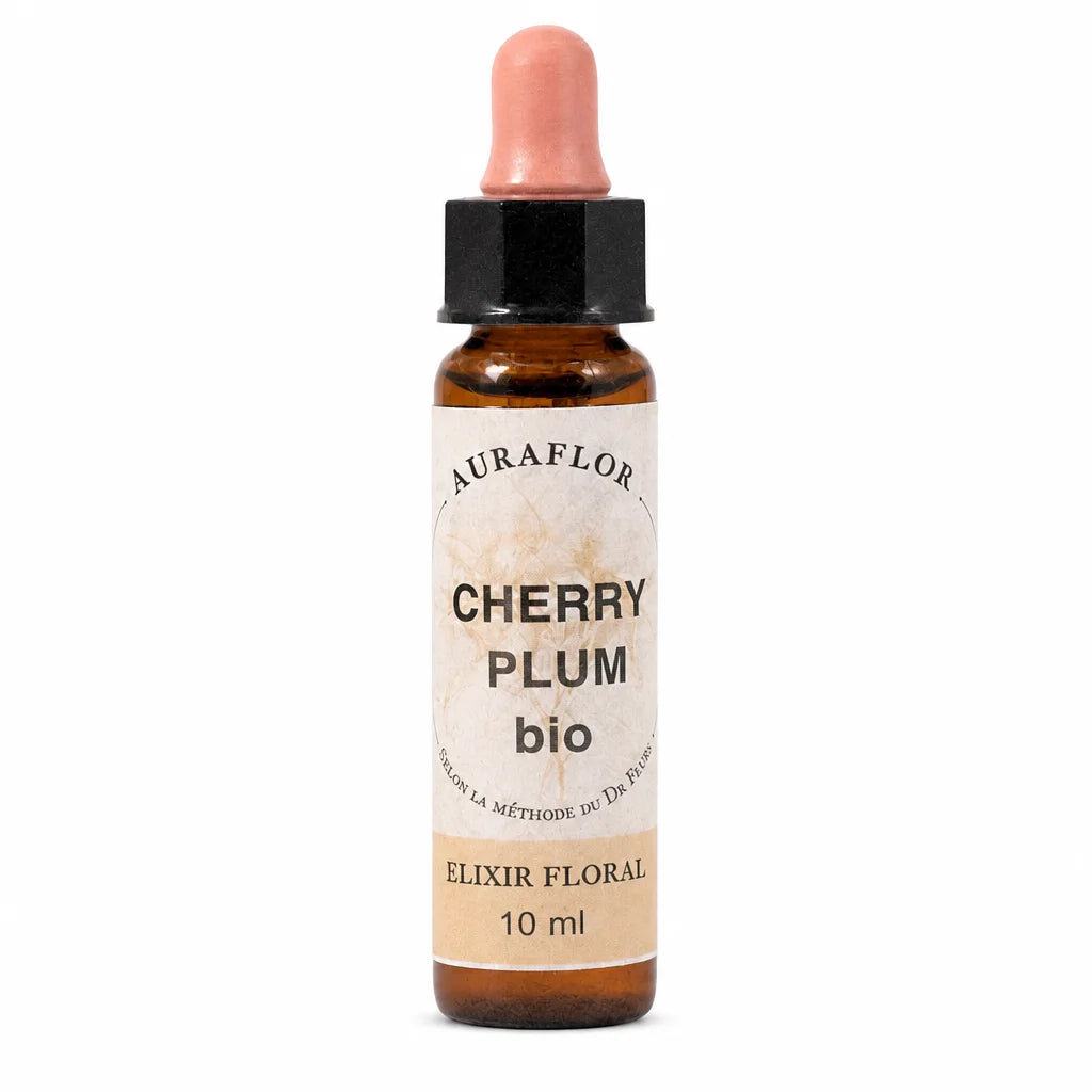 Fleur de Bach Prunus bio en flacon compte-gouttes brun avec bouchon rose