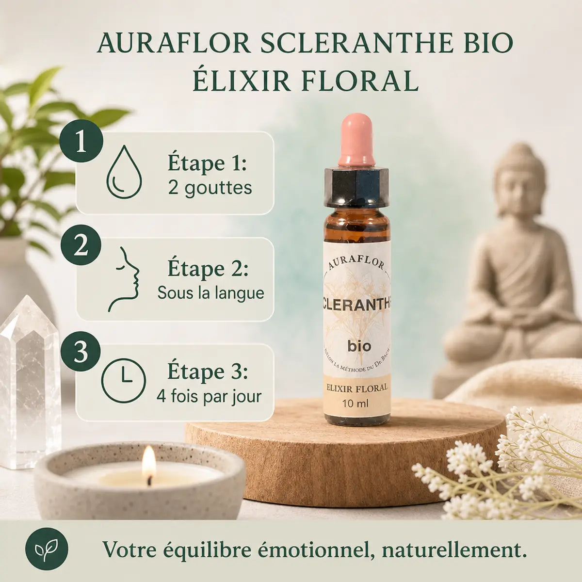 Fleurs de Bach Scleranthe bio en compte-gouttes avec posologie : 2 gouttes sous la langue 4 fois par jour