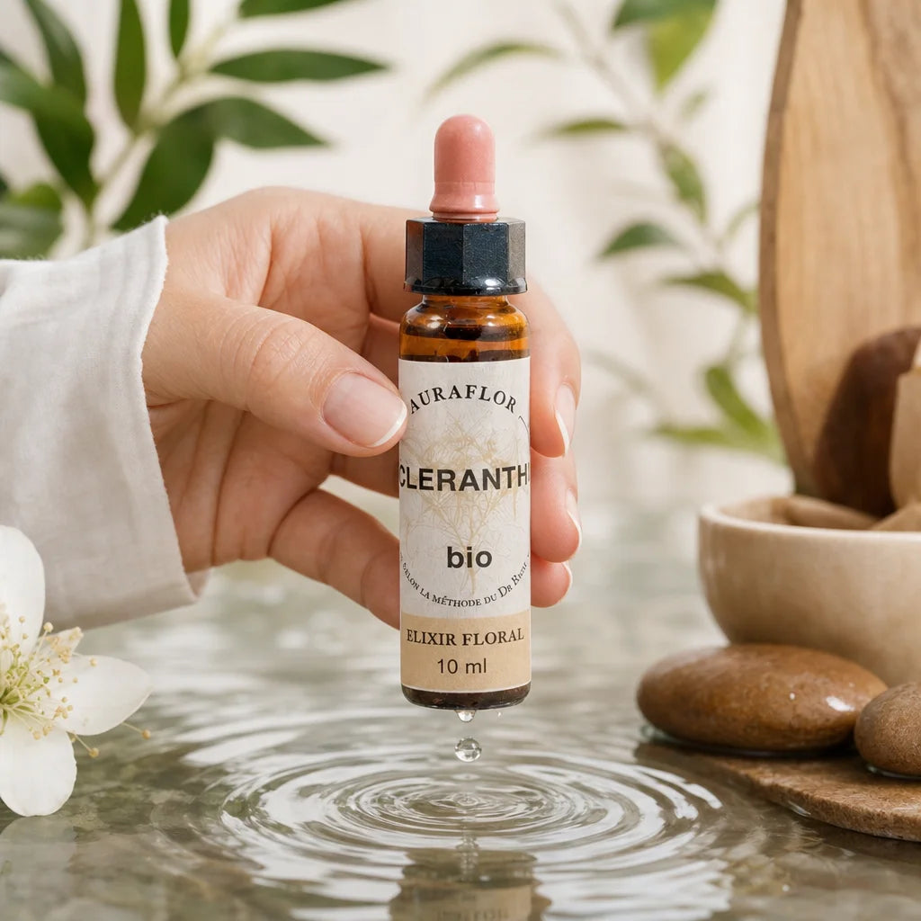 Fleurs de Bach Bio Scleranthe compte-goutte en main au-dessus de l'eau, ambiance bien-être