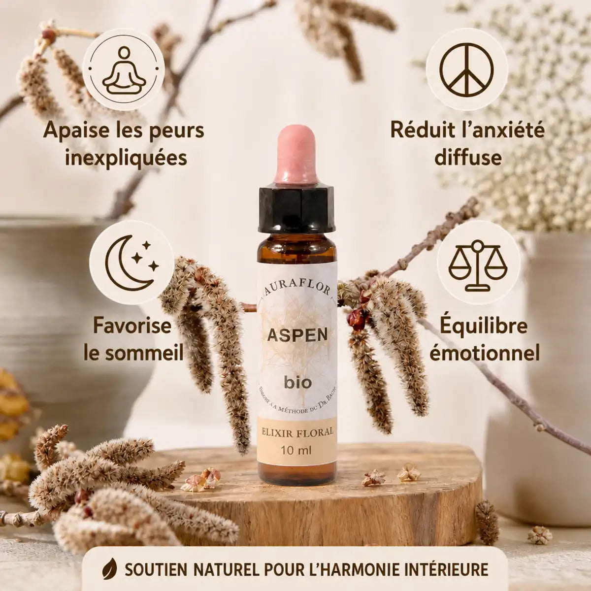 Fleur de Bach Tremble bio en compte-gouttes - Auraflor élixir floral 10ml avec bénéfices pour l'anxiété