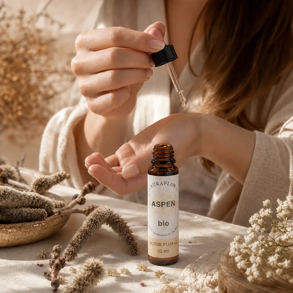 Fleurs de Bach Tremble bio en compte-gouttes, application sur poignet pour bien-être naturel