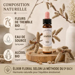 Fleur de Bach Tremble Bio en compte-gouttes, bouteille ambrée avec ingrédients naturels