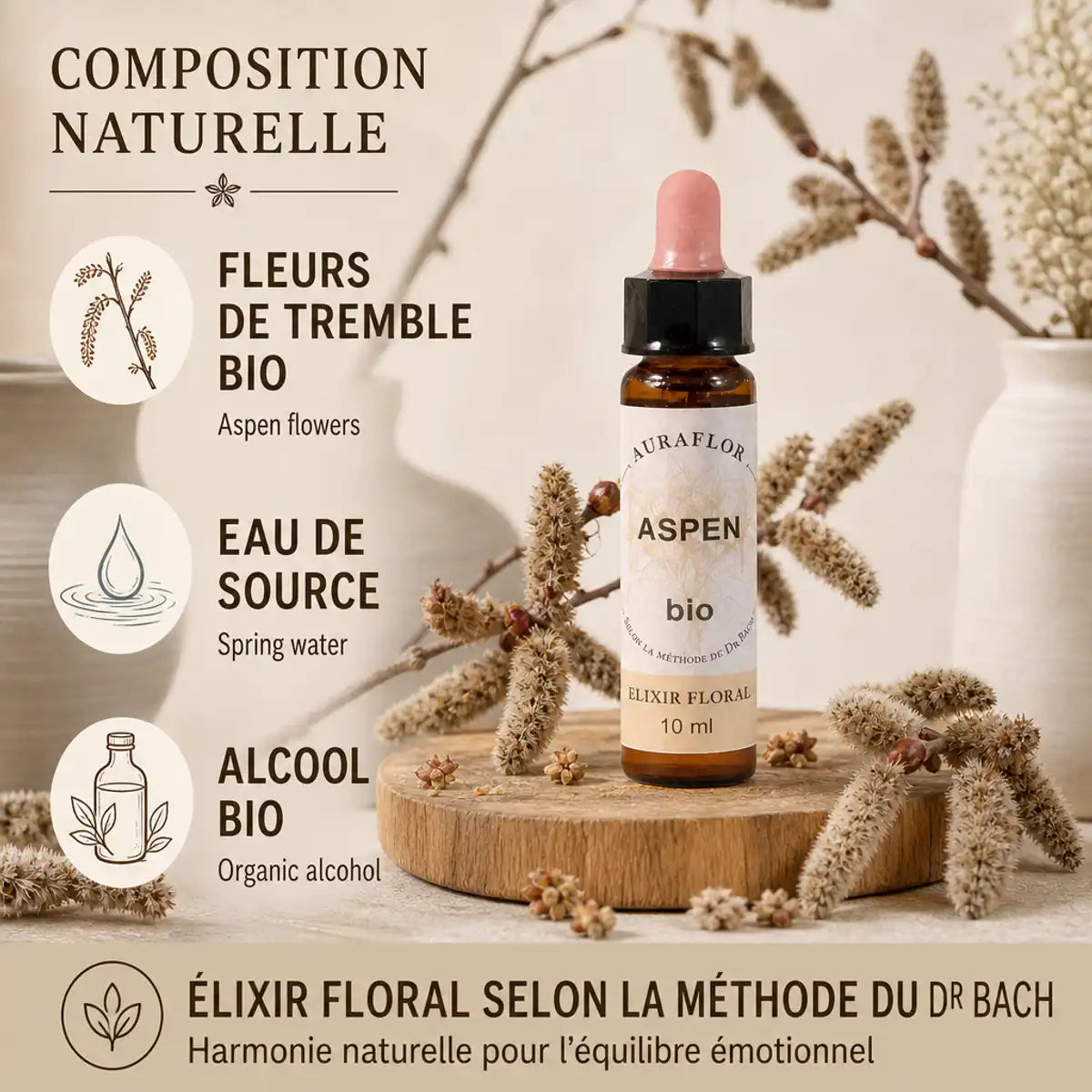 Fleur de Bach Tremble Bio en compte-gouttes, bouteille ambrée avec ingrédients naturels