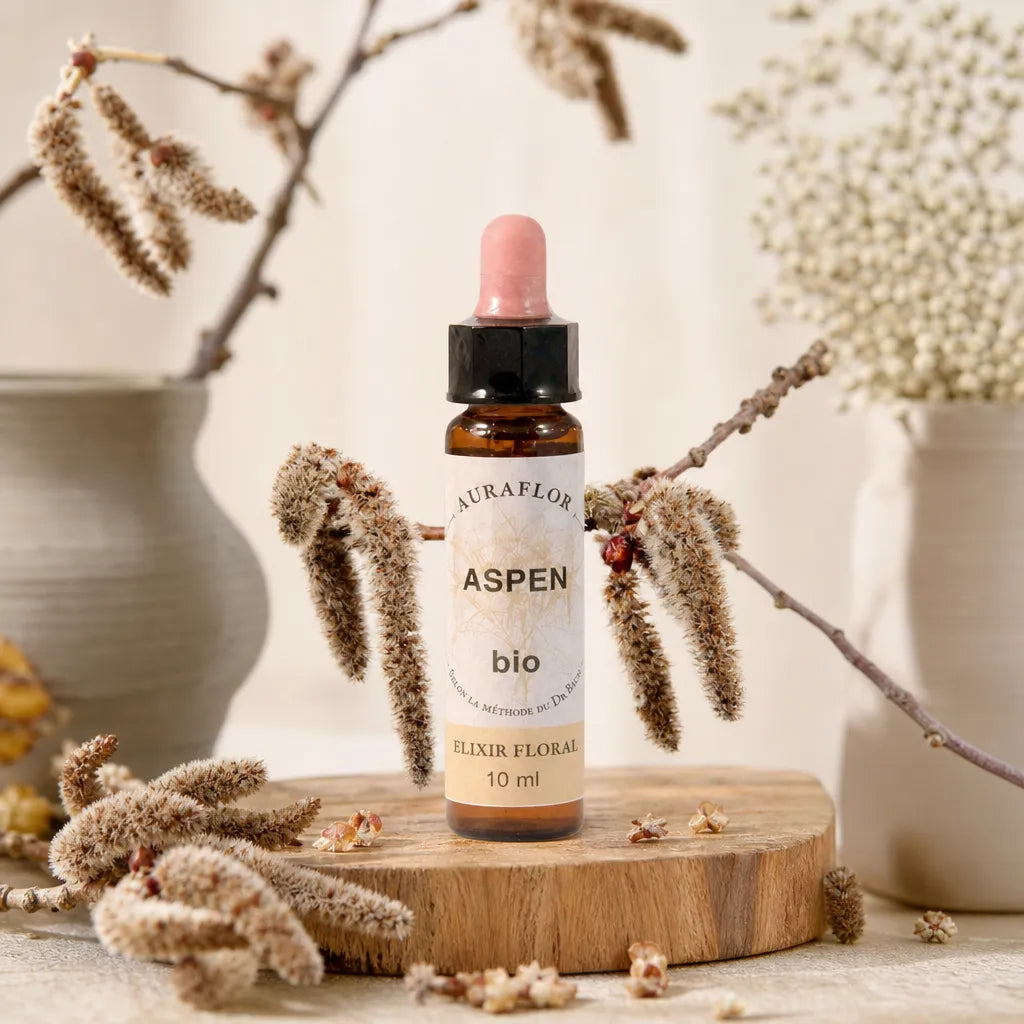 Fleur de Bach Tremble bio en compte-gouttes avec branches botaniques sur fond beige clair