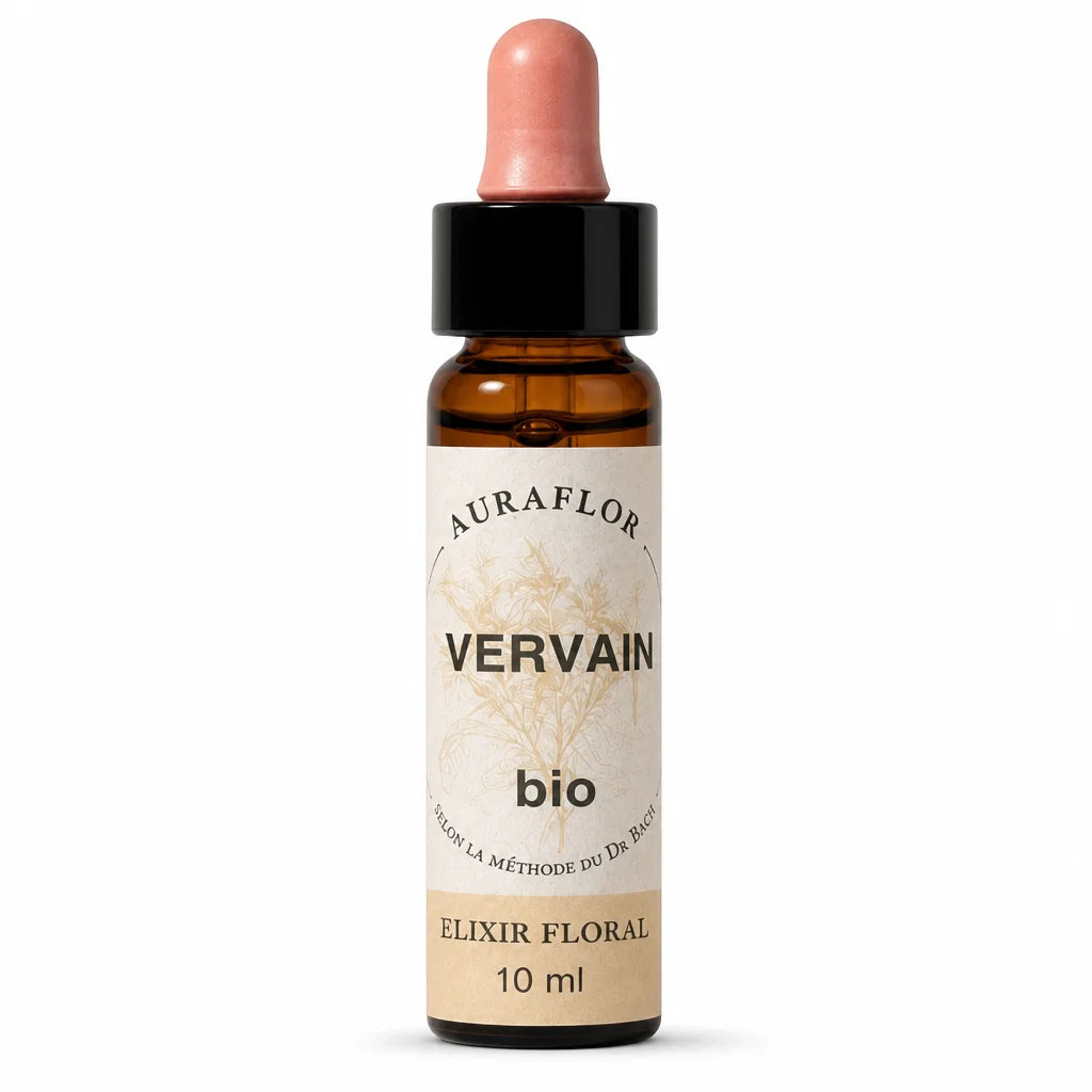 Fleur de Bach Verveine bio Auraflor compte-goutte 10ml sur fond blanc