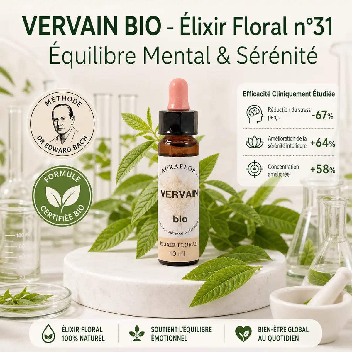 Fleurs de Bach Vervaine bio en compte-goutte avec herbes fraîches et certification bio