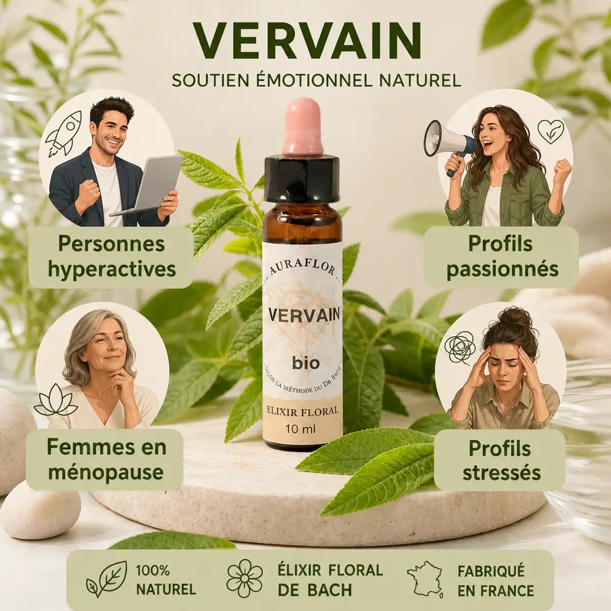 Fleurs de Bach Verveine bio en compte-goutte avec personnes hyperactives, passionnées et stressées