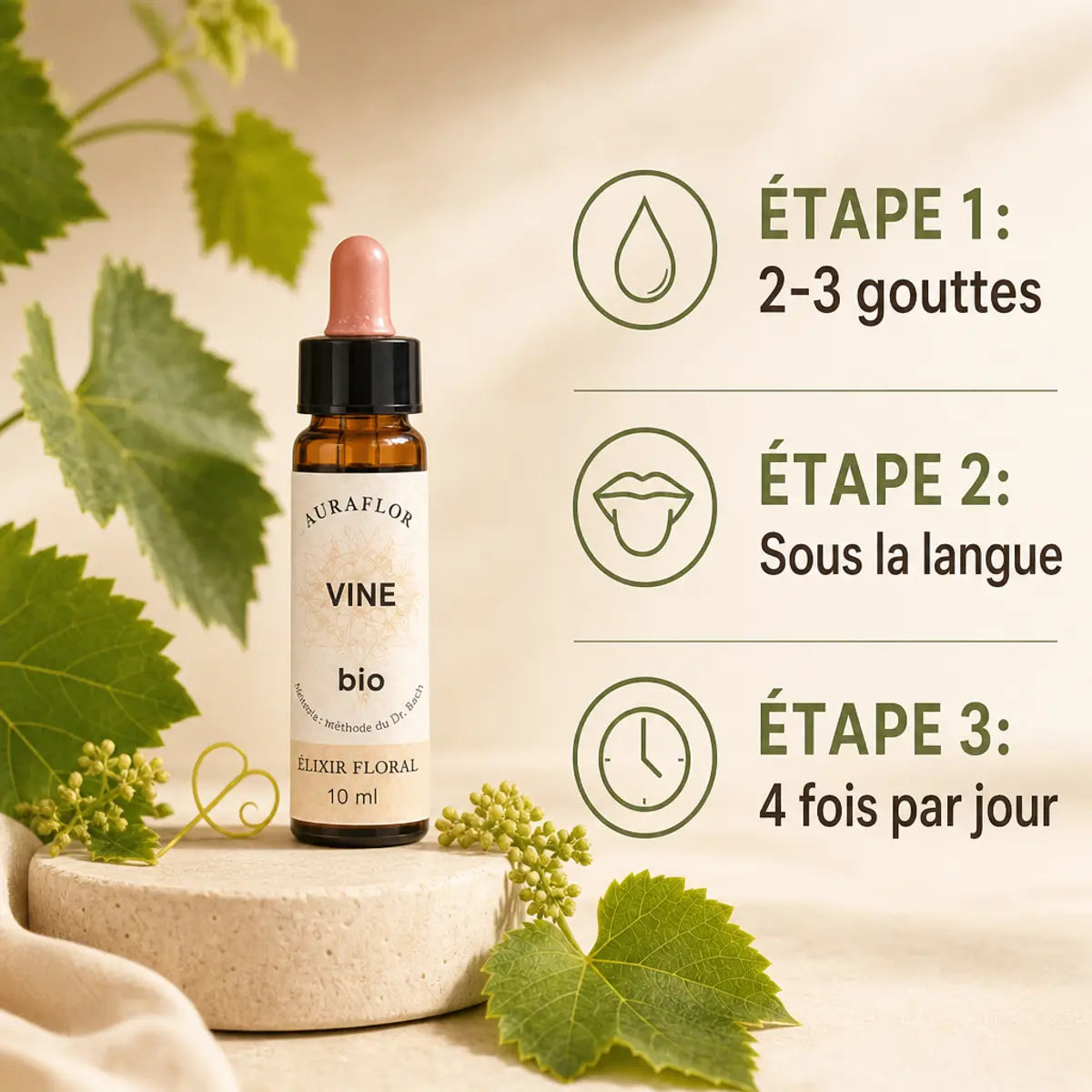 Fleurs de Bach Vigne Bio en gouttes : mode d'emploi 2-3 gouttes sous la langue 4 fois par jour