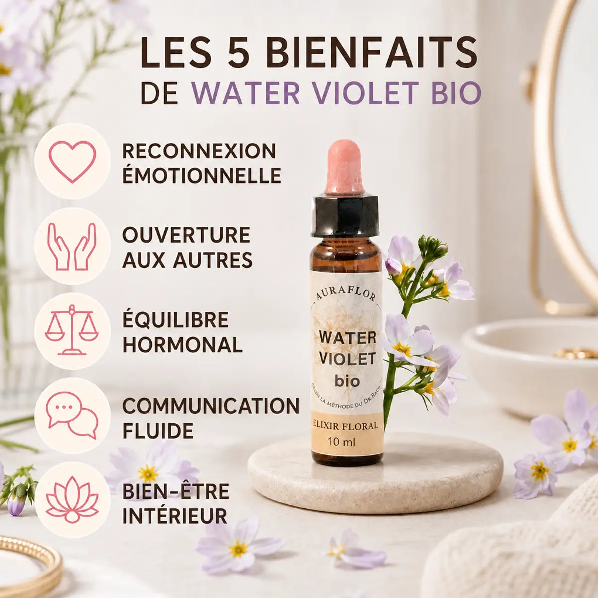 Fleur de Bach Violette d'eau bio en compte-goutte avec fleurs cosmos et bénéfices bien-être