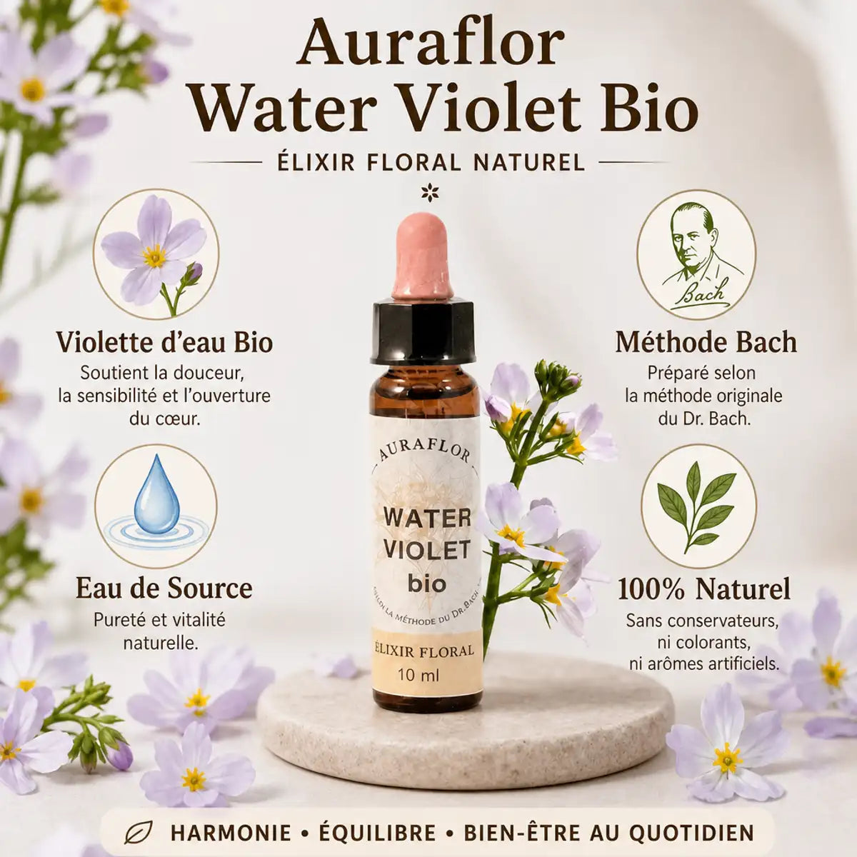 Fleurs de Bach Violette d'eau Bio en compte-goutte avec fleurs et ingrédients naturels