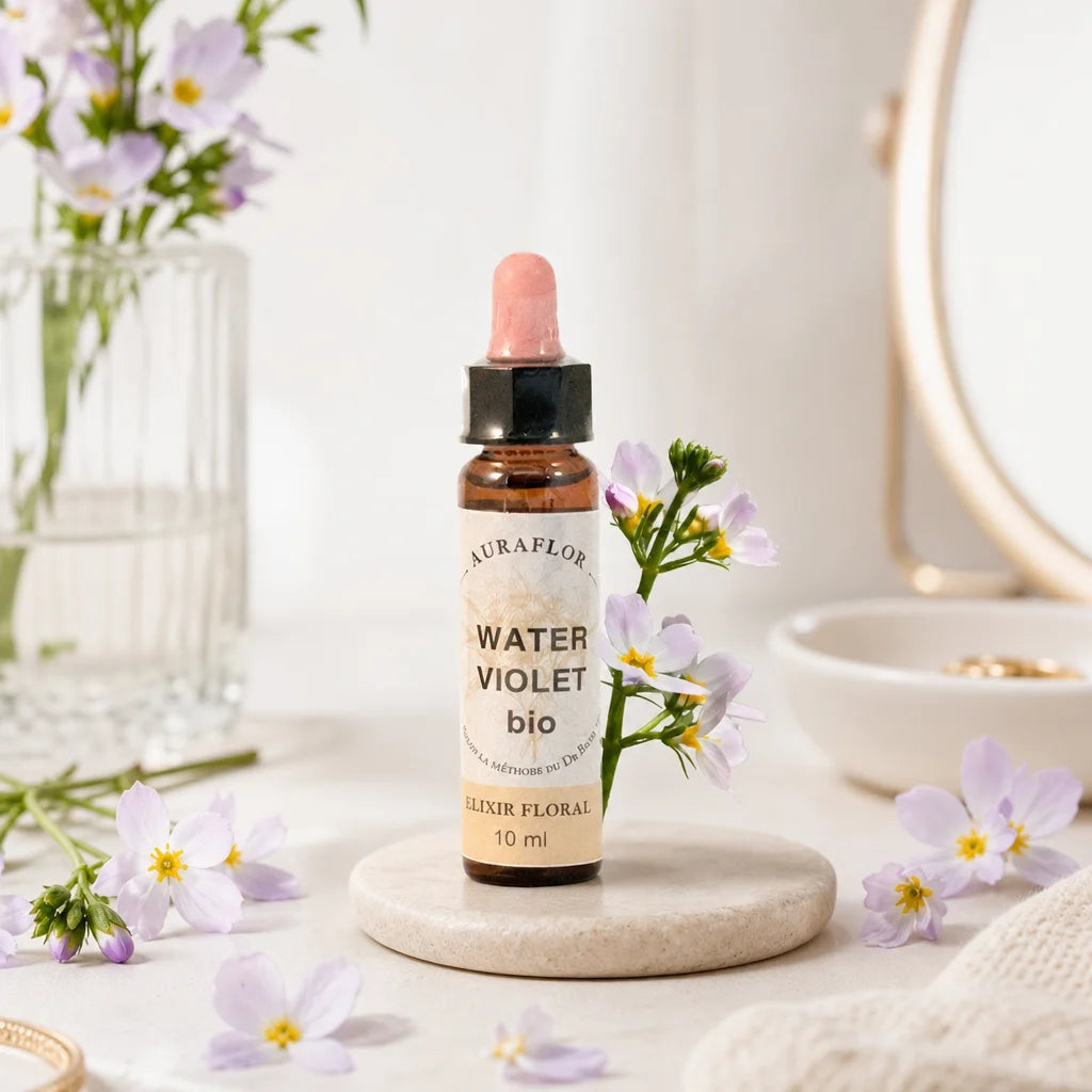 Fleurs de Bach Violette d'eau bio en flacon compte-gouttes avec fleurs et éléments botaniques