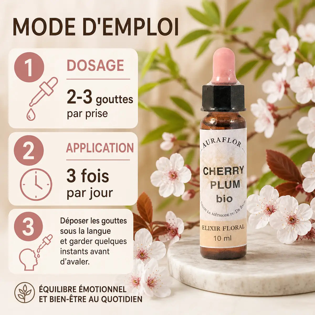 Fleurs de Bach Cherry Plum bio Prunus avec dosage 2-3 gouttes 3 fois par jour