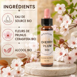 Fleurs de Bach Cherry Plum bio Auraflor, flacon verre avec pipette rose et fleurs de cerisier