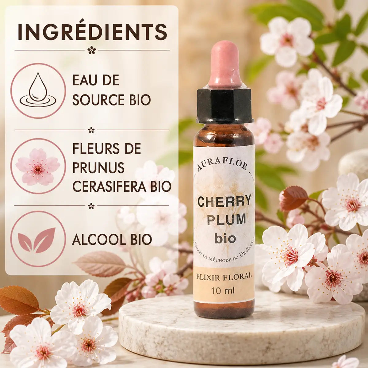 Fleurs de Bach Cherry Plum bio Auraflor, flacon verre avec pipette rose et fleurs de cerisier