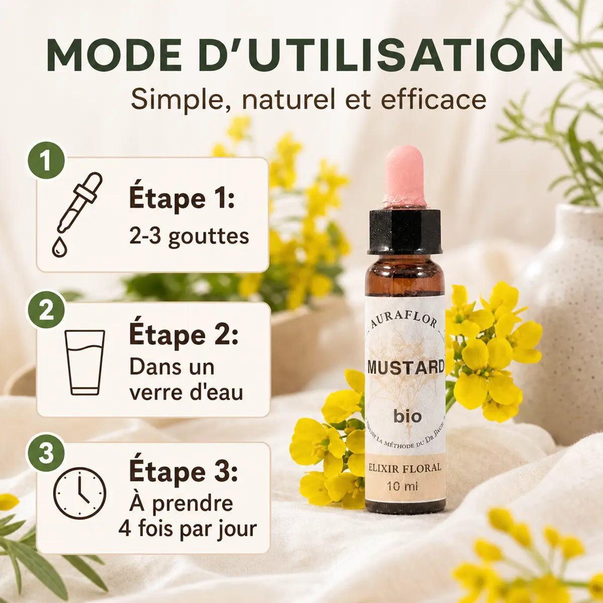 Fleur de Bach Mustard bio en compte-gouttes avec mode d'emploi et dosage