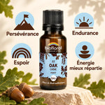 Flacon de fleurs de Bach Oak (Chêne) bio en granules Biofloral, avec icônes persévérance, endurance et espoir sur fond crème