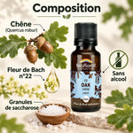 Fleurs de Bach Chêne n°22 Biofloral en granules 19,5 g : flacon ambré, branche de chêne et granules de saccharose
