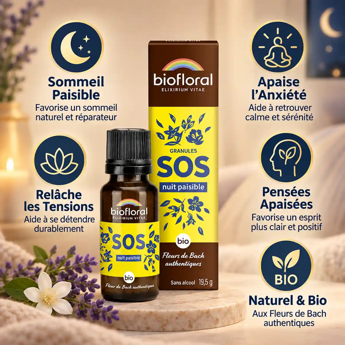 Fleurs de Bach SOS secours nuit bio granules Biofloral avec bénéfices sommeil et détente