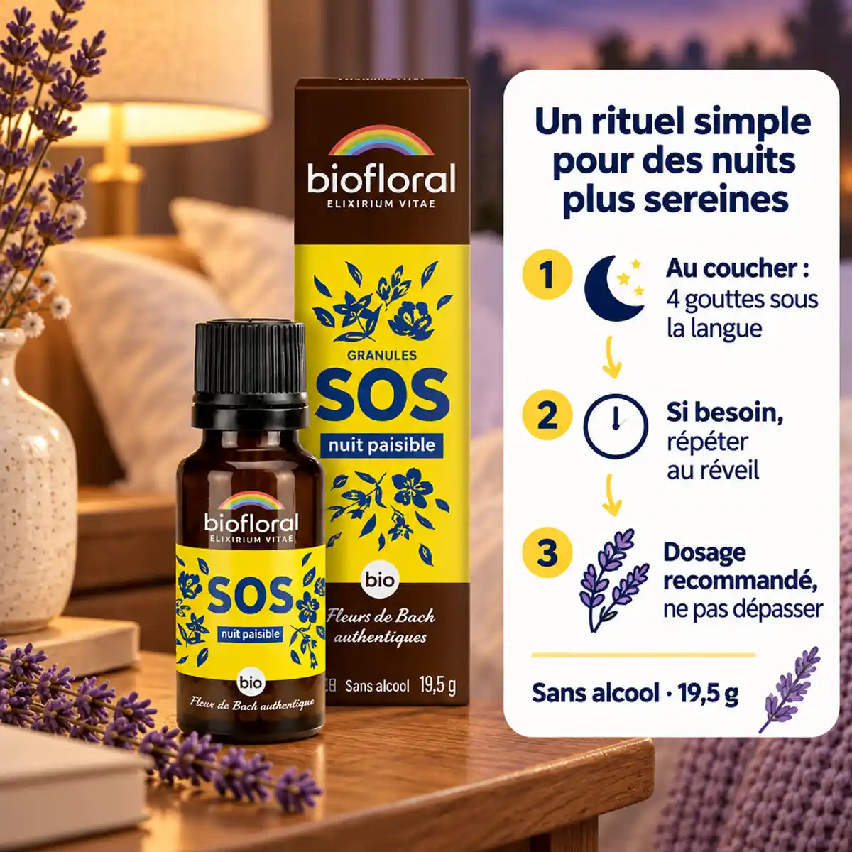 Flacon compte-gouttes ambré Fleurs de Bach SOS Nuit Paisible Biofloral sur table de chevet, avec mode d'emploi en granules