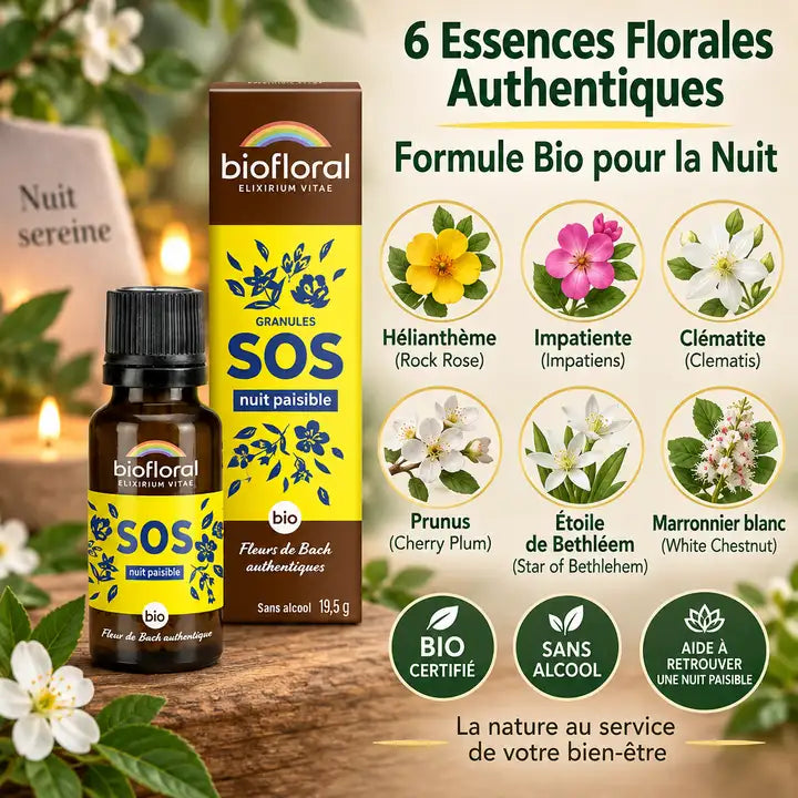 Fleurs de Bach SOS Nuit Bio granules Biofloral - 6 essences florales authentiques en packaging