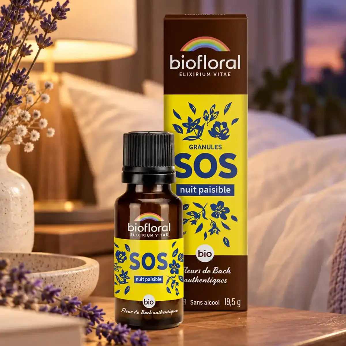 Fleurs de Bach Sos secours nuit bio Biofloral sur table de nuit avec linges blancs