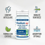 Flexilium Agi+ bio gélules avec icônes confort articulaire, mobilité renforcée et formule certifiée bio