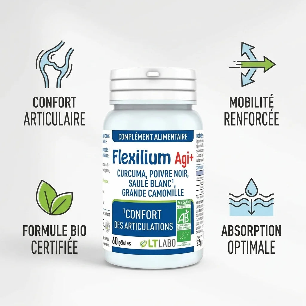 Flexilium Agi+ bio gélules avec icônes confort articulaire, mobilité renforcée et formule certifiée bio